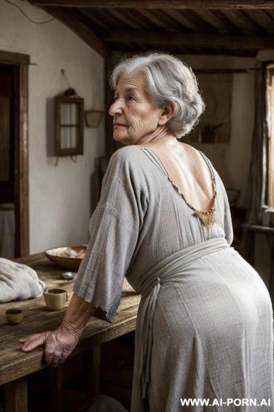 ((two people in the frame!)) inside a dimly lit rustic house at night, a man with a photo camera and an elderly ukrainian village granny are both clearly visible. the room is bathed in m, - ai-porn.ai - Ukraine on pornsimulated.com