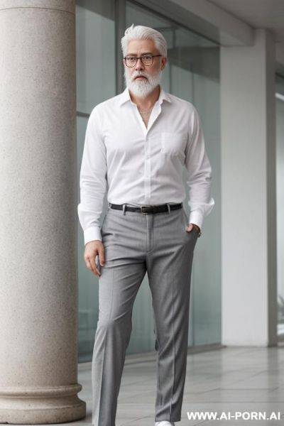 1 man, wearing old round-frame glasses, grey pants, white shirt, white hair, white beard - ai-porn.ai on pornsimulated.com