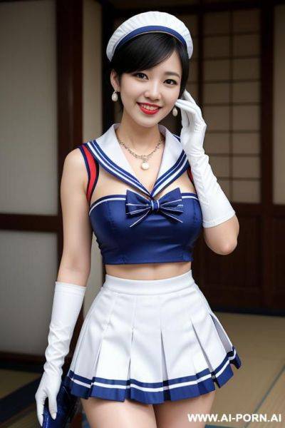 A ja[anese woman wear necklace, sailor uniform, gloves, sailor collar, white gloves, blue skirt, earrings, blue sailor collar, elry, blue necklace, elbow gloves, short hair, bow, pleated skirt, knee boots, - ai-porn.ai on pornsimulated.com