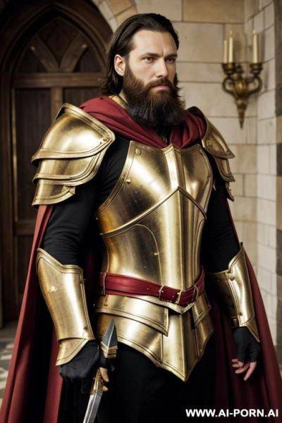 1 man, an adult wear gold armor and holding a weapon, red cape, very strong, a lot beard, in castle - ai-porn.ai on pornsimulated.com