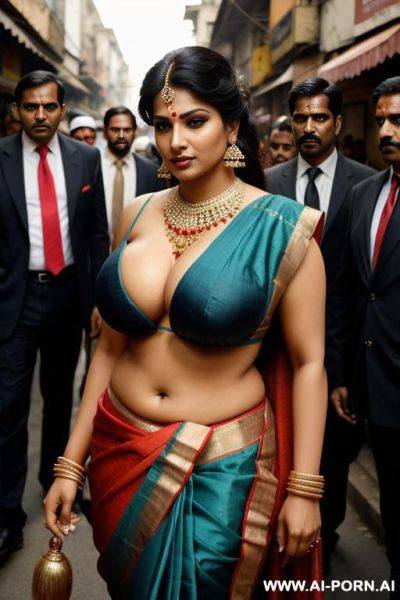 Indian woman, busty, sexy sari, street, surrounded by men - ai-porn.ai - India on pornsimulated.com