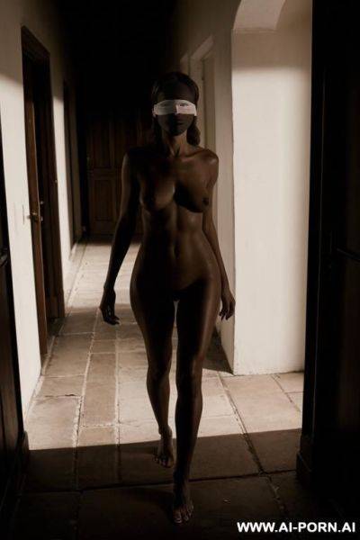 Dark street, totally naked lady, barefoot, hiding, scared, full frontal view, blindfold - ai-porn.ai on pornsimulated.com