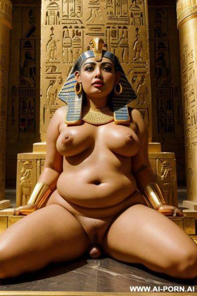 Ancient egyptian chubby naked female temple servant with shaved vagina and spreaded legs is laying on a golden egyptian shrine - ai-porn.ai - Egypt on pornsimulated.com