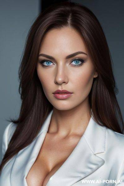 ((masterpiece)), massive boobs, double breasted blazer, business shirt, tie, pencil skirt, serious face - ai-porn.ai on pornsimulated.com