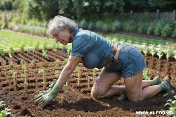 ((((((old woman kneeling in the garden, planting seedlings!)))))). (((she is dressed only in denim shorts!))) (((naked to the waist!))), (((full body visible!!!))). (((landscape frame!!!))), (((side view - ai-porn.ai on pornsimulated.com