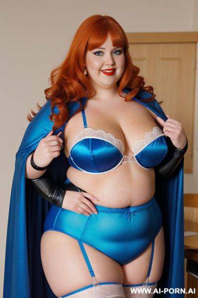 Close up half body photo shot, about at classroom, chubby ((very obese and handlovess)) fat bbw super-heroine comic, wearing a hot heroine (electric and luminous colors suit), with a flowing cape and gloves, and stocking. - ai-porn.ai on pornsimulated.com