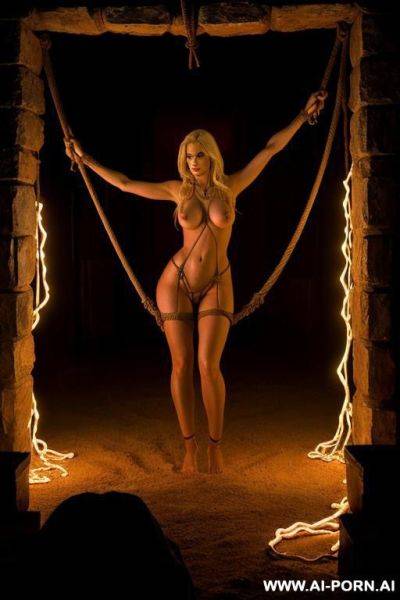 Blonde woman, totally naked, barefoot, in hell, rope bondage, whipped by demon, group of women, dramatic lighting - ai-porn.ai on pornsimulated.com