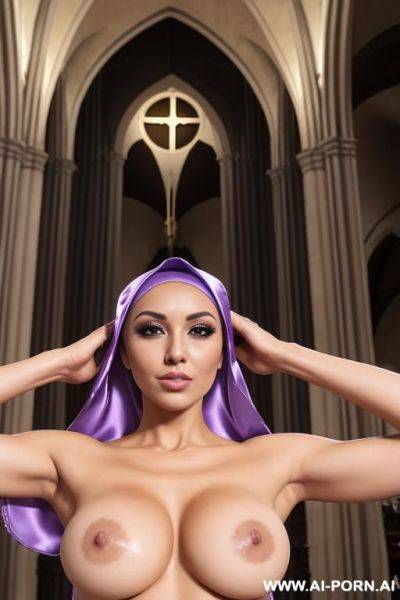 Woman wearing satin hijab showing tits.showing both clean armpits.has a tanned body. - ai-porn.ai on pornsimulated.com