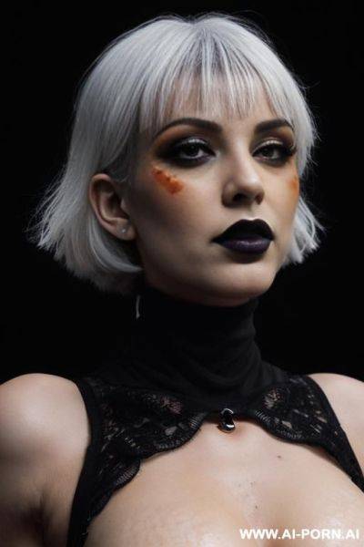 (black gothic make-up) ((((black lipstick)))) ((heavy thunderstorm with lightning in the horizon)) (((blazing ashes falling from the sky))) (((( white skin)))) (((( no nudity )))) - ai-porn.ai on pornsimulated.com