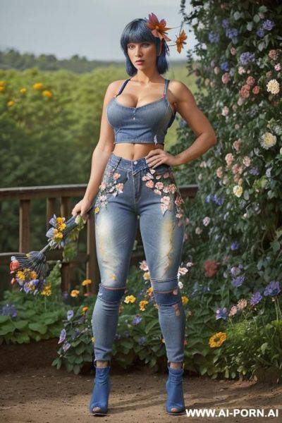 (((( flowers of various colours all around her )))) ((( jeans clothes ))) - ai-porn.ai on pornsimulated.com