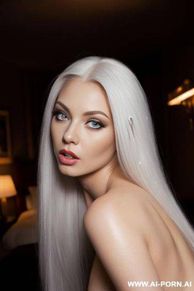 (masterpiece), best quality, expressive eyes, perfect face. sexy woman with long white flowing hair with big red eyes with long lashes, skin nude. bent over, looking back, seductive expression. finger in mouth. night time romantic lighting. - ai-porn.ai on pornsimulated.com