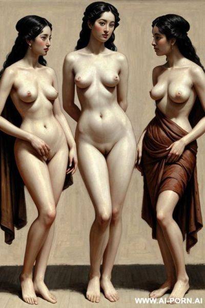 Painting. 1th century. group of beautiful nude women bag. standing full-length view. art. - ai-porn.ai on pornsimulated.com