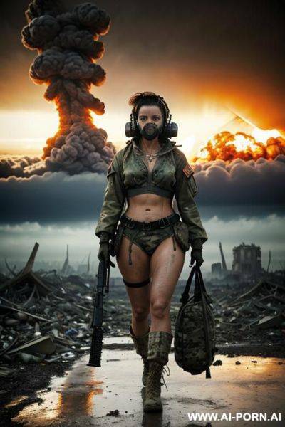 At nigth , apocalyptic city , cloudy sky fog battle city , ((((atomic bomb explosions landscape)))) , horizont looking , walking sexy pose , mud-stained body , camouflage thong , topless huge - ai-porn.ai on pornsimulated.com