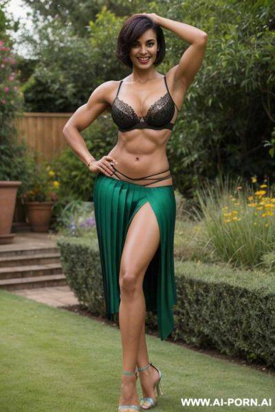 Indian, short hair, fit, abs, muscular arms, big ass, tall, long legs, navel piercing, green bra, green pleat skirt, looking at camera, full body, stiletto, in garden, arms up - ai-porn.ai - India on pornsimulated.com