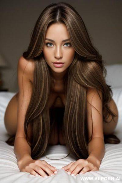 A beautiful naked woman with very long brown hair with blonde highlights, a light tan complexion, facing away showing ass - ai-porn.ai on pornsimulated.com