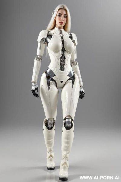 Beautiful realistic taur-women cyborg robot, detaleid face, latex skin white color, covered to latex, and robotic boots, hd image quality no background. - ai-porn.ai on pornsimulated.com
