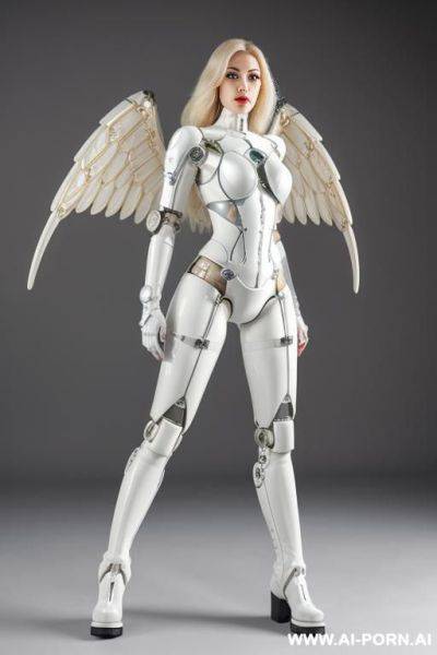 Beautiful realistic angel taur-women cyborg robot, detaleid face, latex skin white color, covered to latex, and robotic boots, hd image quality. - ai-porn.ai on pornsimulated.com