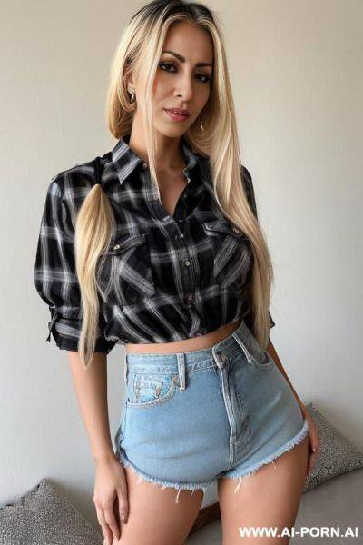 Blonde arabian style woman 0 years old, standing with her beautiful long slender legs spread wide apart, hair in a ponytail, checkered shirt completely unbuttoned, denim shorts tightly hugging her - ai-porn.ai on pornsimulated.com