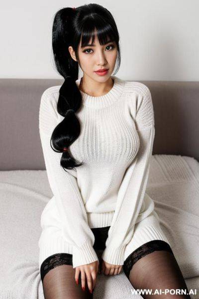 Twintails, humongous breasts, white sweater, pantyhose, wet pussy, - ai-porn.ai on pornsimulated.com