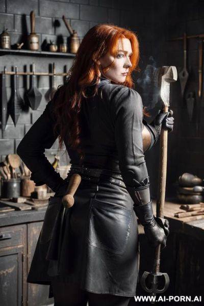 ((((heavy black goth make-up)))) ((ginger hair, very long and wavy)) (((blacksmith workshop))) ((((wearing a long sleeved black shirt, a pair of leather boots and a pair of leather gloves)))) - ai-porn.ai on pornsimulated.com