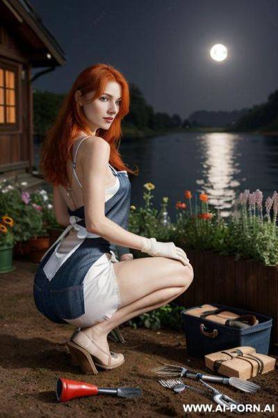 (((( flowers of various colours all around her )))) (((( no clothes besides a jeans apron with gardening tools)))) (((( white skin)))) (((ginger hair))) ((((jeans apron with gardening tools)))) - ai-porn.ai on pornsimulated.com