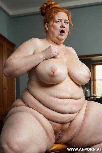 Old granny, totally naked, giant boobs, giant breasts, huge ass, thick thighs, hairy pussy ((big hairy pussy)) giant hair ((giant pubes)) - ai-porn.ai on pornsimulated.com
