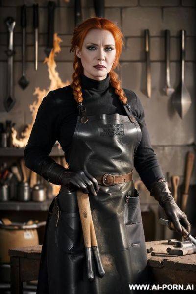 ((((heavy black goth make-up)))) ((ginger hair in a long braid)) (((blacksmith workshop))) ((((wearing a long sleeved black shirt, a pair of leather boots and a pair of leather gloves)))) ((((black - ai-porn.ai on pornsimulated.com