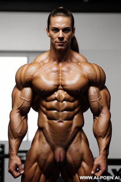 (skinniest extremely muscular bodybuilder), (extreme trained abs), massive biceps, (gigantic traps), gigantic delts, widest lats, largest lean muscles ever, nude, pumped muscles, biggest gigantic sinewy - ai-porn.ai on pornsimulated.com