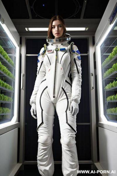 (serious woman scientist) (transparent unzipped spacesuit) (spaceship hydroponics bay) (group of women crew in background) - ai-porn.ai on pornsimulated.com