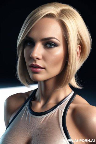 Half body portrait of a beautiful athletic woman, standing. blonde bob. business make-up. different minds. dynamic angle, 3d, highly details, photographic, realistic, uhd - ai-porn.ai on pornsimulated.com