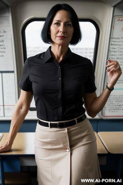 Woman, teacher, classroom , black hair, saggy tits, naked, mature, natural tits, waxed pubic hair - ai-porn.ai on pornsimulated.com