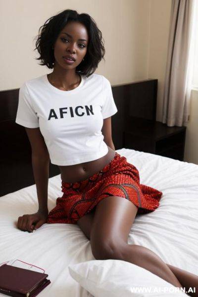 African woman resting in bed without a skirt but with crop t-shirt - ai-porn.ai on pornsimulated.com