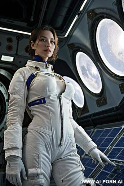 (serious woman scientist) (removing spacesuit down around waist) (spaceship hydroponics bay) (group of women crew in background) (open top) (topless) - ai-porn.ai on pornsimulated.com