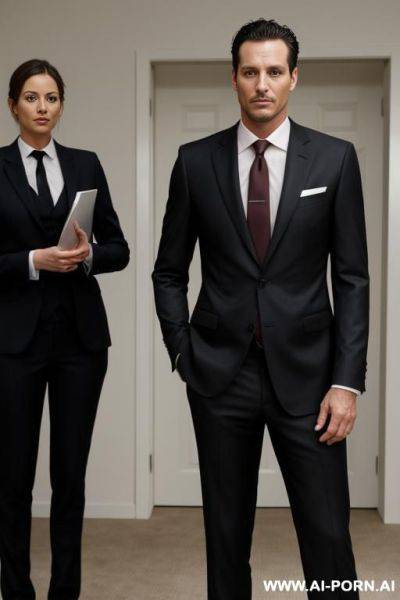 A man wearing a suit standing next to a naked woman - ai-porn.ai on pornsimulated.com