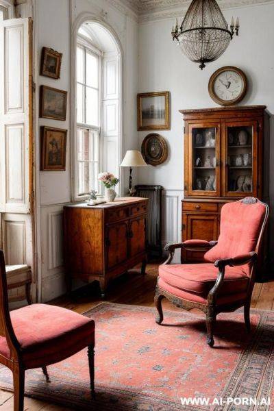 Bright room with antique furniture. in the center of the room there is an antique round chair. completely naked woman 20 years old with short red hair put her leg on the chair - ai-porn.ai on pornsimulated.com