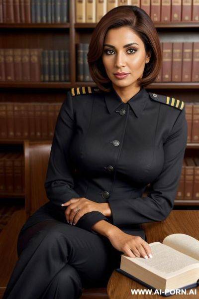 (tanned nerdy pakistani mature woman) (class bikini uniform for navy) (sitting at library table full of books) - ai-porn.ai - Pakistan on pornsimulated.com