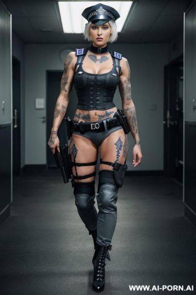 A naked dark-skinned muscular woman with short white hair, sprayed with white liquid in a collar, lies in tears with a lost look in full growth, toples, piercing nipples, black lipstick - ai-porn.ai on pornsimulated.com