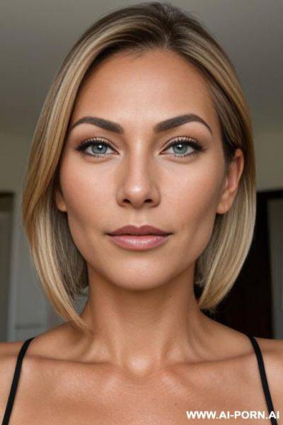 Hotwife, milf, 0, face closeup, head closeup, closeup, only face is visible, amateur wife, dark blonde hair with brighter blonde streaks, chignon hair, green eyes, very natural nose, tanned, - ai-porn.ai on pornsimulated.com