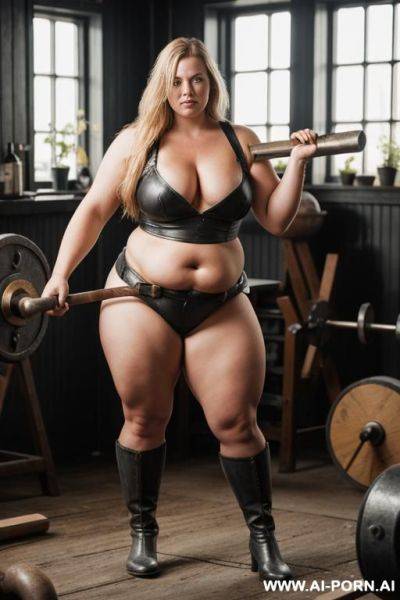 Scandinavian female blacksmith, obese thighs, attractive, strong - ai-porn.ai on pornsimulated.com