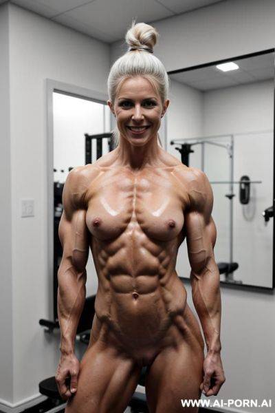 Ultimate muscle, ((very white skin)), ((nude)), ((naked)), ((topless)), freaky muscle definition, (ultimate pecs), nude pecs, ultimate delts, (ultimate traps), lats, extremely wide muscular back, bare - ai-porn.ai on pornsimulated.com