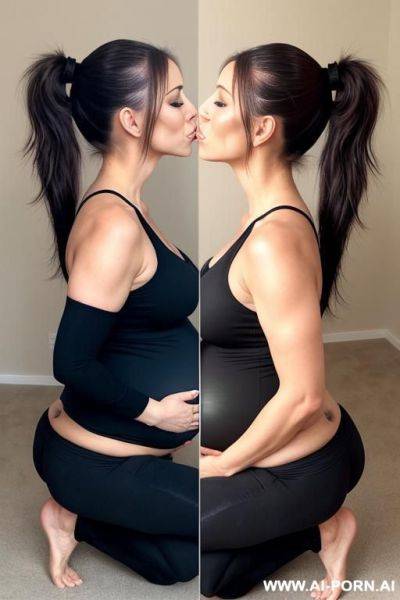 Wife, 1, hair in a high ponytail, squatting, kissing pregnant belly - ai-porn.ai on pornsimulated.com