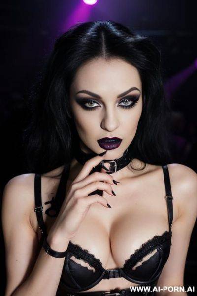 European woman, adult, black hair, emo make-up and accessories, heels, rocker woman background, naughty face - ai-porn.ai on pornsimulated.com