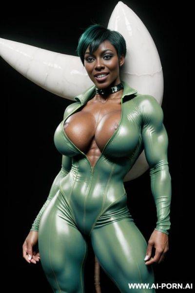 A naked dark-skinned muscular woman with short white hair, sprayed with white liquid in a collar, lies in tears with a lost look in full growth, toples, black lipstick, bow tie, ufo - ai-porn.ai on pornsimulated.com