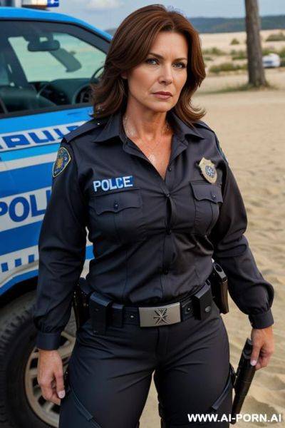 Beautiful milf, cougar, professional police uniform, strong body, wide hips, strong makeup, full body shot, tanned, - ai-porn.ai on pornsimulated.com