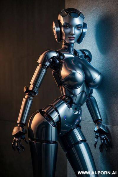 Robot, front view, full body view, leaning back against wall, looking at viewer, silicone skin, fully robotic body, huge robotic tits, shapely robotic arms, shapely robotic legs, big robotic ass, - ai-porn.ai on pornsimulated.com