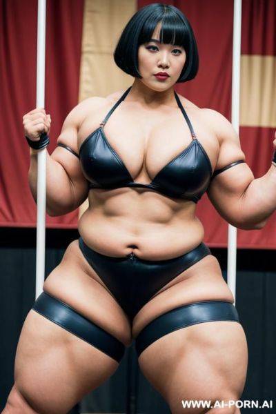 (japanese circus strongwoman) (bob haircut), huge massive thighs, obese thighs, muscled bulked up thighs - ai-porn.ai - Japan on pornsimulated.com