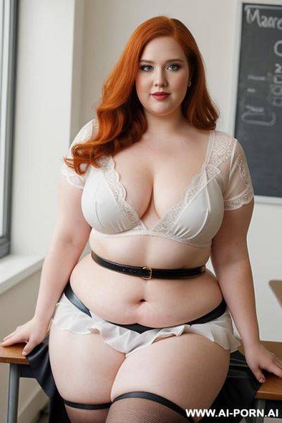 Close up full body photo shot, about at classroom, chubby very ((very obese)) redhead fat bbw curvy teacher, wearing a sexy and hot micro ruffle leather skirt, and elegant top, teaching to the classroom. ((dynamic angle)), perfect face - ai-porn.ai on pornsimulated.com
