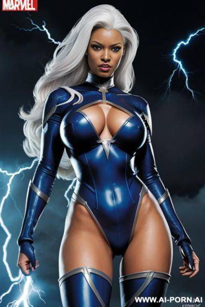 X-men, storm, wide hips. she is using her lightning super-power. comics style, cartoon. she is flying. (super-hero comics, cartoon), (totally naked) - ai-porn.ai on pornsimulated.com