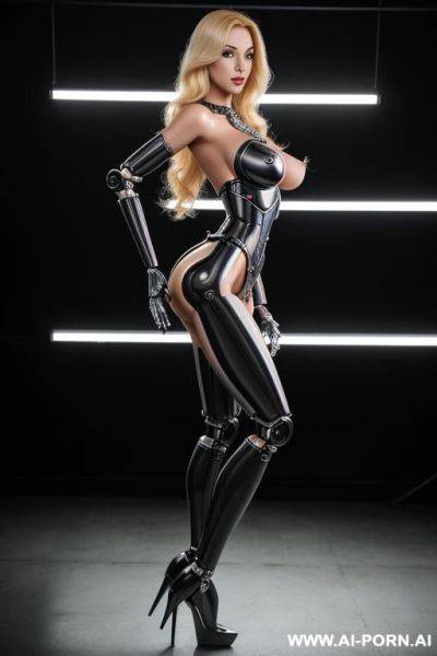 Blonde robot, side view, cose-up, running, looking at viewer, silicone skin, fully black robotic body, huge robotic tits, shapely robotic arms, shapely robotic legs, big robotic ass, ultra-high - ai-porn.ai on pornsimulated.com