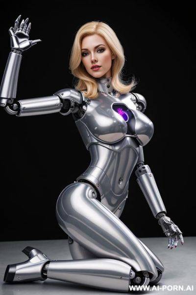 Blonde robot, front view, full body view, lying on back on the floor, looking at viewer, silicone skin, fully silver robotic body, huge robotic tits, shapely robotic arms, shapely robotic legs, - ai-porn.ai on pornsimulated.com